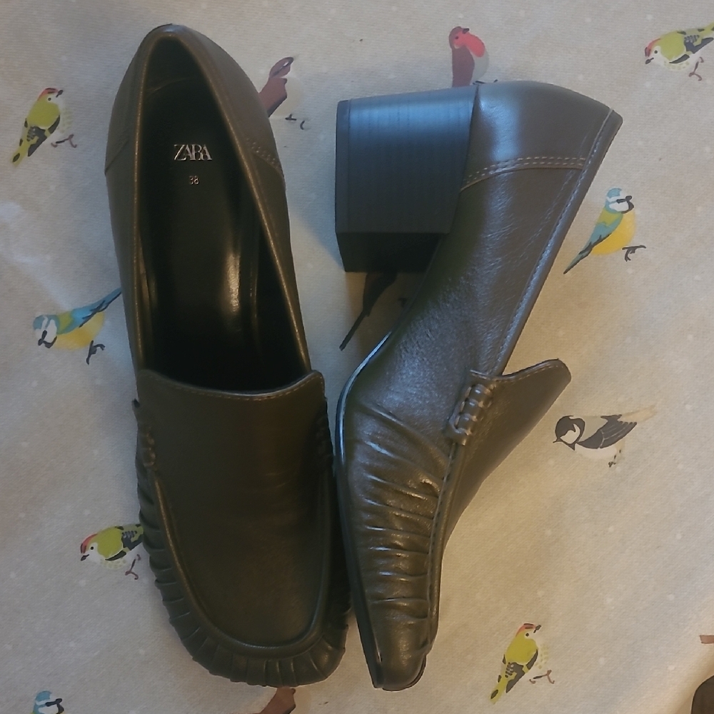 Zara Block Heel Loafers, Olive Green, 38/7.5, NWOT